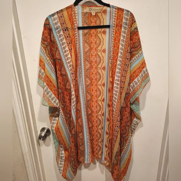 Democracy Colorful Stripe Chiffon Kimono Cardigan Cover Up Sz M Beach Festival - Picture 1 of 7